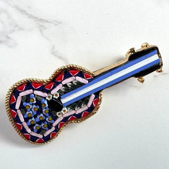 Vintage Micro Mosaic Guitar Brooch Italy Floral Design - Picture 1 of 5